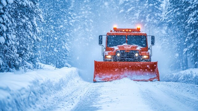 Snow plow is clearing a mountain road after heavy snowfall