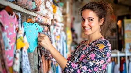 Obraz premium Smiling saleswoman holding baby clothes on hanger in shop