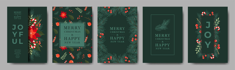 Modern Сorporate Holiday Сards with Spruce Branch, Poinsettia, Berries. Fun and Bright Universal Art Templates. Traditional Christmas and New Year Posters with Trendy Fonts for Social media, Website.
