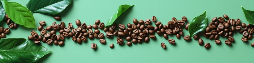 coffee beans with green leaves arranged flat lay style on matte green background
