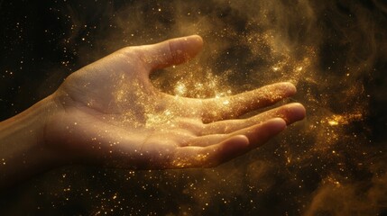 Fototapeta premium A graceful hand reaches into the cosmic expanse, surrounded by shimmering light and dust, evoking wonder in exploring unknown realms that lie beyond our imagination, inviting us to dream