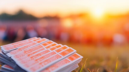 A vibrant sunset scene with stacked tickets in the foreground, suggesting an event, gathering, or festival setting.