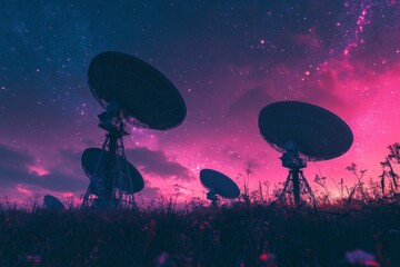 A stunning view of satellite dishes under a colorful night sky. The vibrant colors create a magical atmosphere. Perfect for technology and space themes. Generative AI