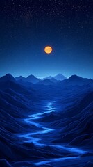 Obraz premium Mystical Night Landscape with Dark Blue Night in Forest and Distant Mountain River for Mobile Phone Wallpaper