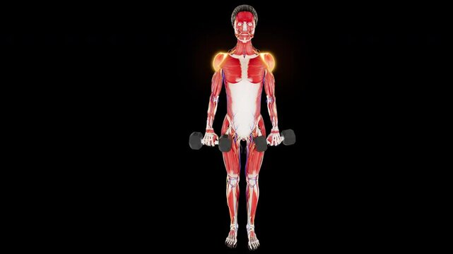 3d rendered Pro Res video of female anatomy model with highlighted muscle activation performing a dumbbell forward raise exercise