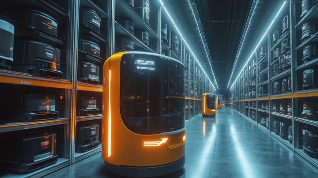 Futuristic storage facility with automated mobile robots managing inventory tasks efficiently