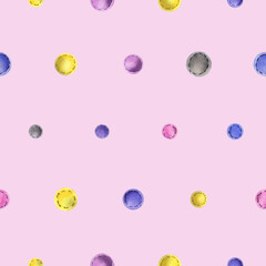 Beads sewn from felt fabric, different colors of yellow, blue, gray, pink with thread stitches. Watercolor illustration, hand drawn. Seamless pattern on a pink background.