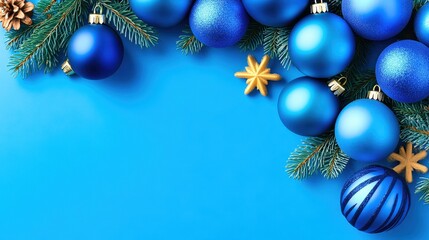 Christmas border composition on blue background with copy space