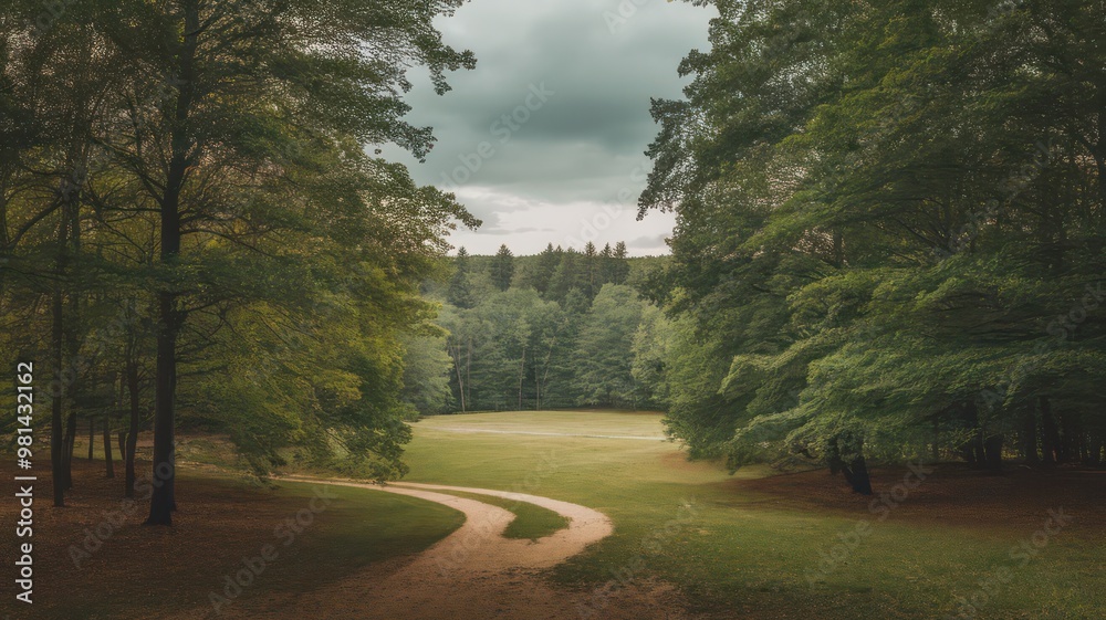 Aufkleber A winding path through a lush green forest with a cloudy sky overhead. The scene is calm and tranquil, with the trees providing a sense of seclusion and privacy. The path is surrounded by tall trees