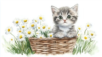 Adorable kitten in a wicker basket surrounded by white daisies in a meadow