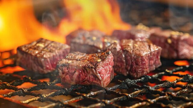 Grilled wagyu beef moves with smoke around