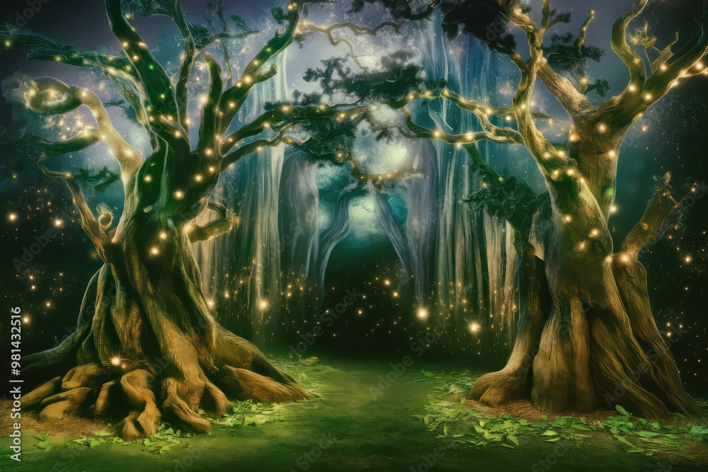 Poster An enchanting mystical forest with twisted trees wrapped in glowing lights and fireflies floating in the air, creating a magical and ethereal atmosphere.