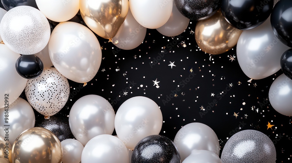 Poster a bunch of balloons in a black background with gold and white ones. the balloons are scattered all o