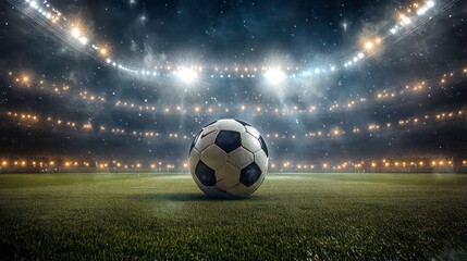 A soccer ball sits in the center of a green field with stadium lights shining down.