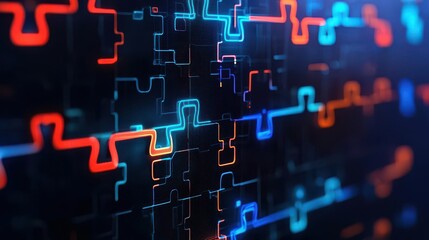 Fototapeta premium A puzzle of interlocking digital pieces forming a business workflow diagram, symbolizing process management