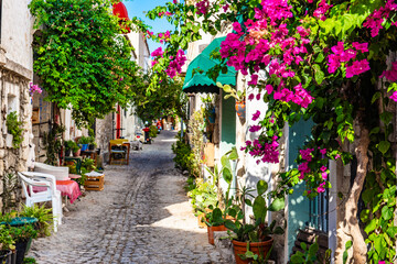 Alacati, Cesme, Izmir. Colorful streets view in Alacati Village. Alacati is populer tourist destination in the Turkey. © resul