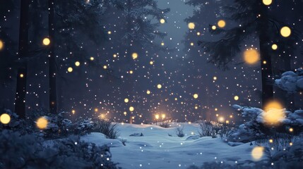 Fototapeta premium A magical winter forest scene with snow-covered ground, twinkling lights, and falling snow.