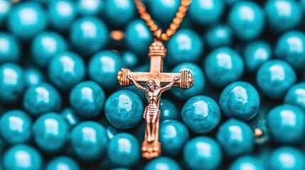 Golden crucifix necklace resting on vibrant turquoise beads
