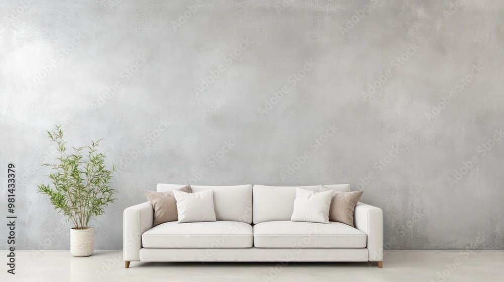 Poster a white couch sits in front of a wall with a plant in a white pot. the room is empty and has a minim