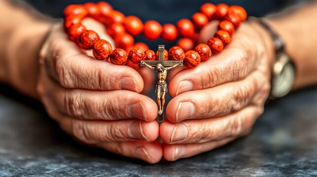 Senior man praying holding rosary beads with jesus christ crucifix