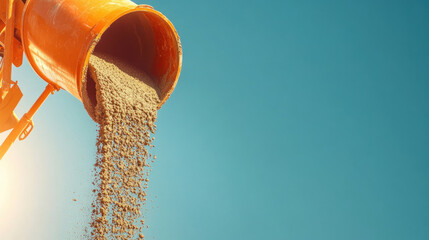 A cement mixer truck pouring concrete into a foundation