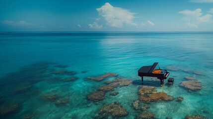Fototapeta premium grand piano on the middle of ocean, piano concert musical concept, calm sea landscape background, album cover