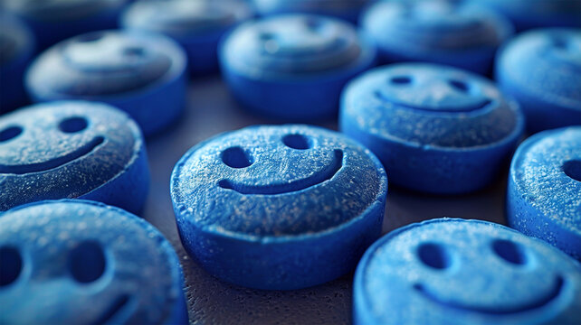 Several pills of MDMA (Extasy) on table distributed by drug dealers