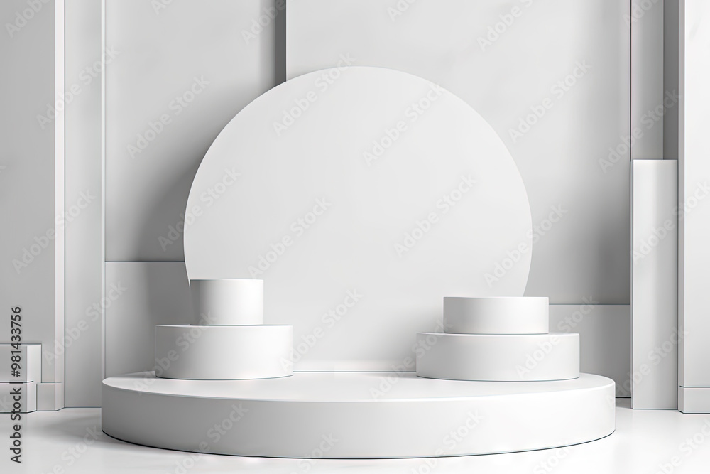 Poster pedestal in the room in white color with geometric shapes. podium for product showcase with geometri