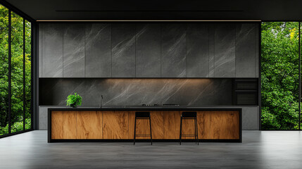 Modern kitchen with wooden island and grey cabinets.