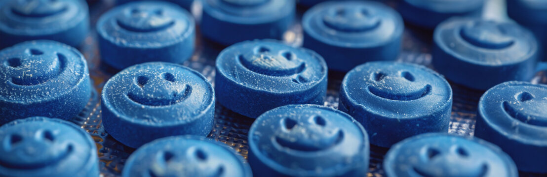 Several pills of MDMA (Extasy) on table distributed by drug dealers