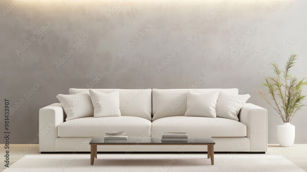 Poster a white couch is sitting in front of a wall with a plant in a vase. the couch is unoccupied and the 