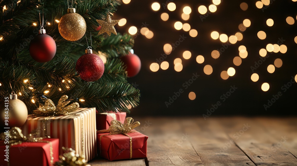 Poster a christmas tree with red and gold ornaments and a box of presents. scene is festive and joyful