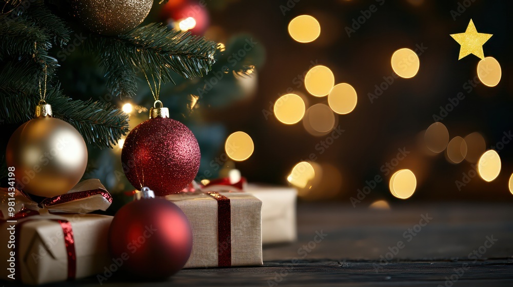 Aufkleber a christmas tree with gold and red ornaments and a star on top. the tree is surrounded by two boxes,