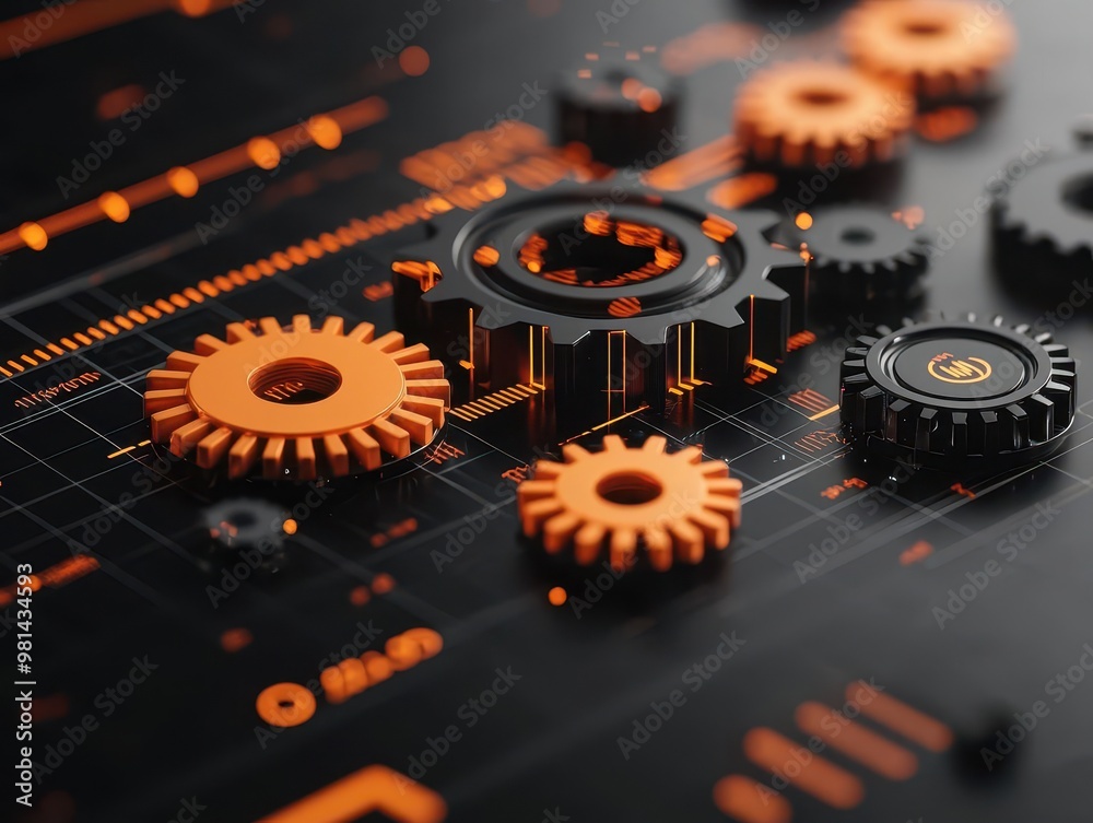 Wall mural multiple gears turning within a digital chart, symbolizing the integration of workflows in business 