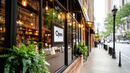 A store front with a sign that says open. The store is on a sidewalk with a few potted plants and a few people walking by