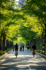 Protected bike lanes with green spaces and trees