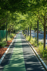Fototapeta premium Protected bike lanes with green spaces and trees