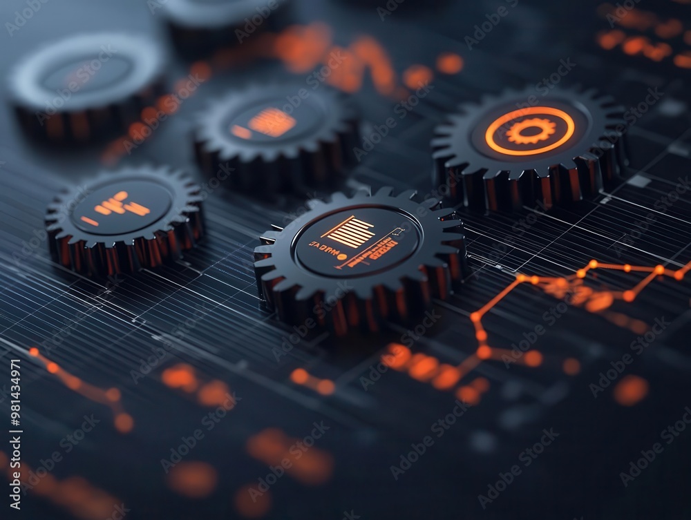 Wall mural multiple gears turning within a digital chart, symbolizing the integration of workflows in business 