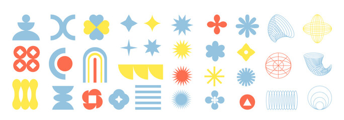 Brutalist abstract geometric set. Primitive patterns in bauhaus swiss style. Futuristic flowers and crosses. Rhombus and star. Flat vector collection
