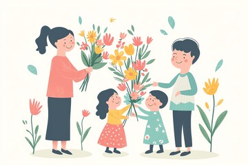 Happy Children Celebrating Teacher Appreciation with Flowers &ndash; A Heartwarming Illustration of Gratitude and Joy in a Classroom Setting