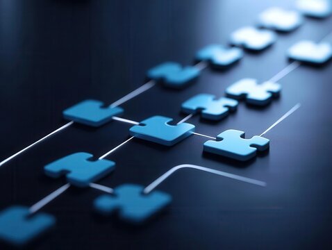 A series of abstract puzzle pieces forming a business flowchart, representing efficient process management