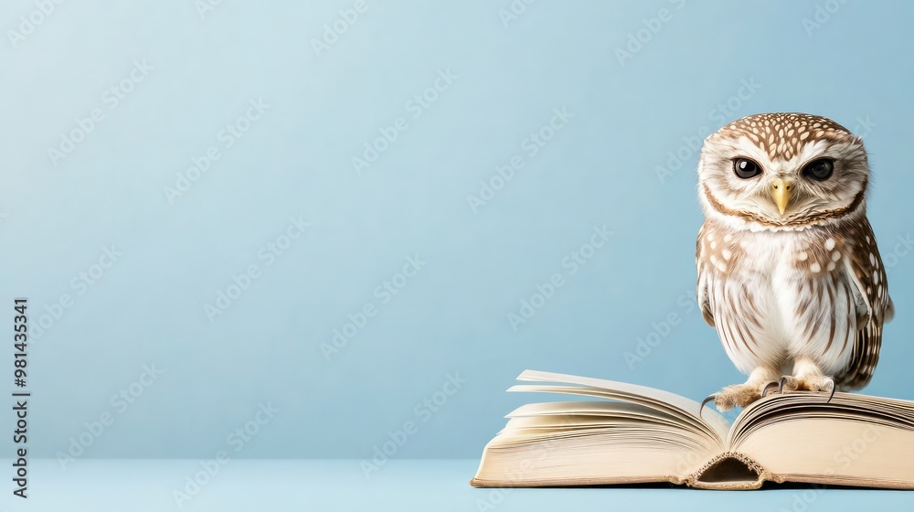 Poster A small owl is sitting on top of an open book. The owl is looking at the camera with a curious expression. Concept of curiosity and wonder, as if the owl is interested in the book or the camera