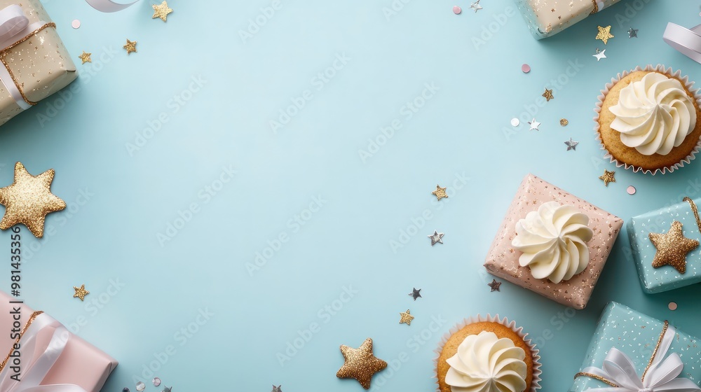 Poster a blue background with a white star and a white cupcake with a white frosting. there are also two pi