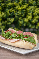 sandwich with salami ham and arugula
