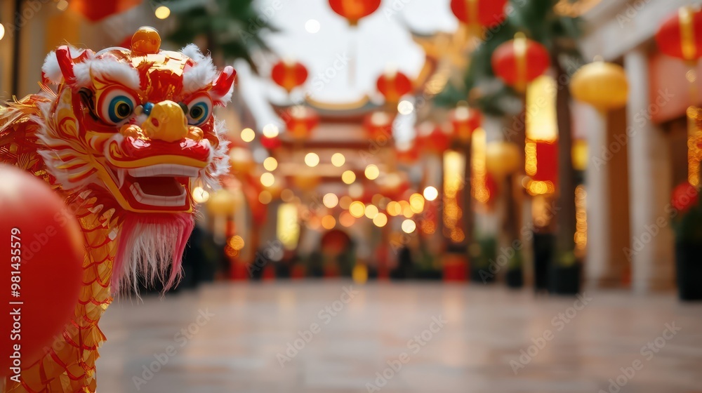 Poster A dragon statue stands in front of a building with red lanterns hanging from the ceiling. The scene is set in a Chinese temple or festival area