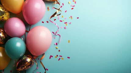 A bunch of colorful balloons and confetti on a blue background. The balloons are pink, yellow, and green, and the confetti is scattered around them. The image conveys a festive and celebratory mood
