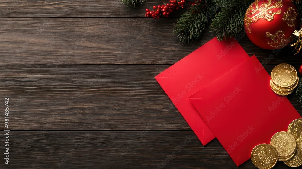 Poster A wooden table with two red envelopes and a red ball ornament. The table is decorated with a red and gold coin