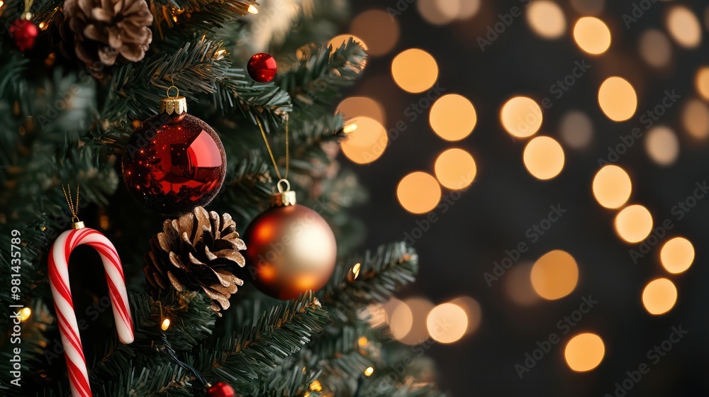 Poster a christmas tree with a red ornament and a candy cane hanging from it. the tree is surrounded by oth