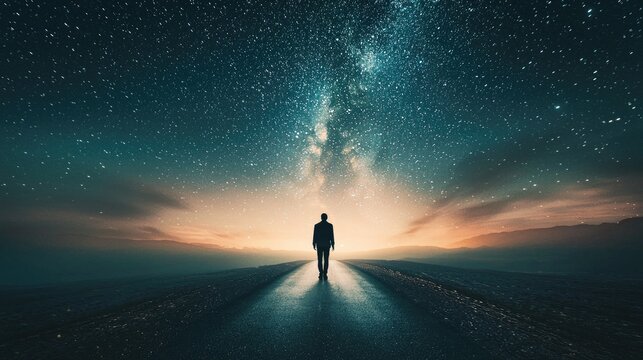 An infinite road under a starry sky, with a trail of lights guiding the viewer towards the horizon, in the background a figure walking alone but determined,