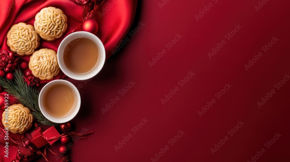 Poster a red background with two cups of tea and a plate of cookies. the tea cups are placed on the right s